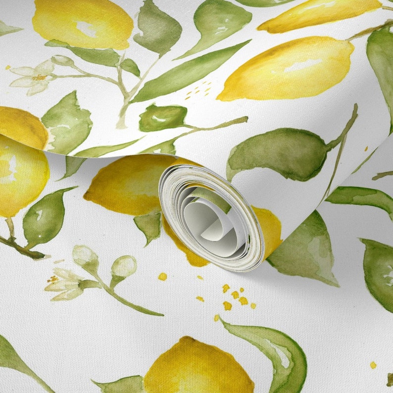 Lemon Wallpaper Lemon Blossoms By Laurapol Watercolor Fruit Citrus Custom Printed Removable Self Adhesive Wallpaper Roll by Spoonflower image 2