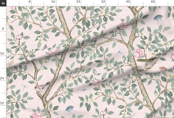 Chinoiserie Extra Wide Sateen Fabric Vintage Floral Pink Botanical Meadow Fabric By The Yard Pale Pink Elsie's Garden by danika_herrick