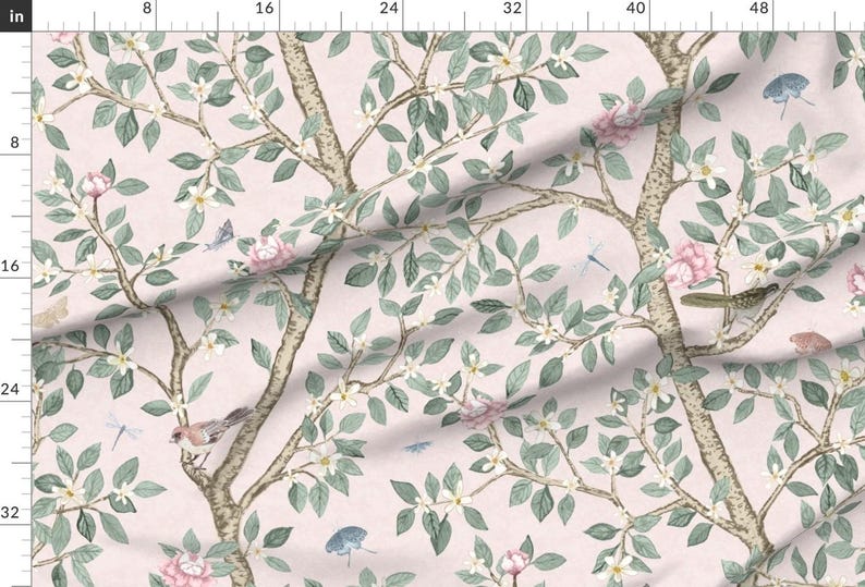 Tela de satén extra ancha estilo chinoiserie, estampado floral vintage rosa, tela botánica de pradera cortada a medida, rosa pálido, Elsie's Garden de danika_herrick imagen 1