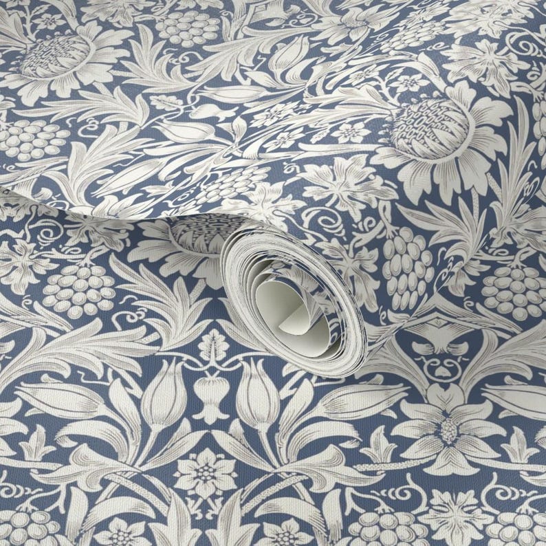 Victorian Floral Peel and Stick Wallpaper - English Garden William Morris - Removable Wall Decor Art - Sunflower Blue by wbbeardie image 3
