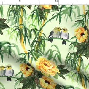 Watercolor Botanical Floral Fabric - Birds, Yellow Pions And Bamboo By Svetlana Prikhnenko - Cotton Fabric By The Yard With Spoonflower