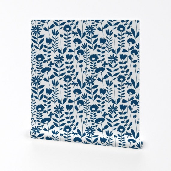 Floral Wallpaper Cutout Flower Small Navy on White by Kate Rowley