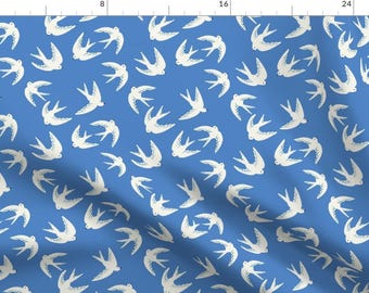 May include: A seamless pattern featuring white stylized swallows on a solid blue background.
