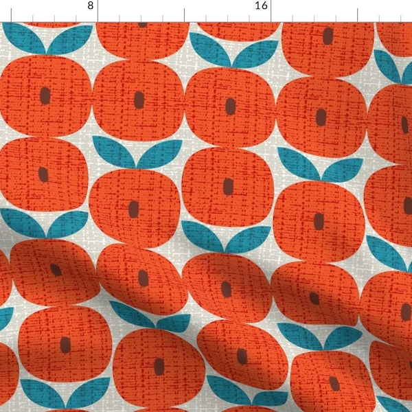 Mid Mod Fabric - Tweedy Scandi Peaches By Ottomanbrim - Fruit Mid Century Red Teal Faux Linen Cotton Fabric By The Yard With Spoonflower