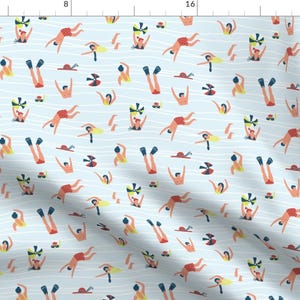 May include: A blue and white patterned fabric featuring a repeating design of people swimming and diving in the sea. The people are illustrated in a simple, cartoon style and are wearing swimsuits. The fabric is ideal for creating a range of projects, such as clothing, accessories, and home decor.