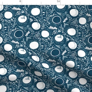 Moon Fabric - Deluna Navy Med By Nouveau Bohemian - Blue And White Moon Phases Moth Floral Boho Cotton Fabric By The Yard With Spoonflower