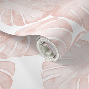 Monstera Wallpaper - Jumbo Scale Watercolor Monstera Leaf By Littlearrowdesign - Pink Removable Self Adhesive Wallpaper Roll by Spoonflower image 3
