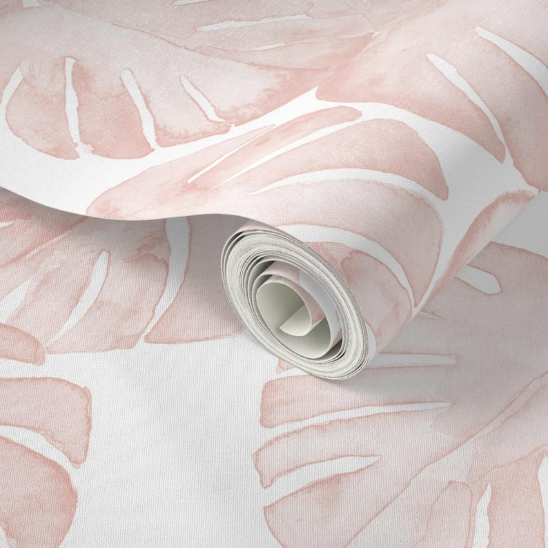 Monstera Wallpaper - Jumbo Scale Watercolor Monstera Leaf By Littlearrowdesign - Pink Removable Self Adhesive Wallpaper Roll by Spoonflower image 3