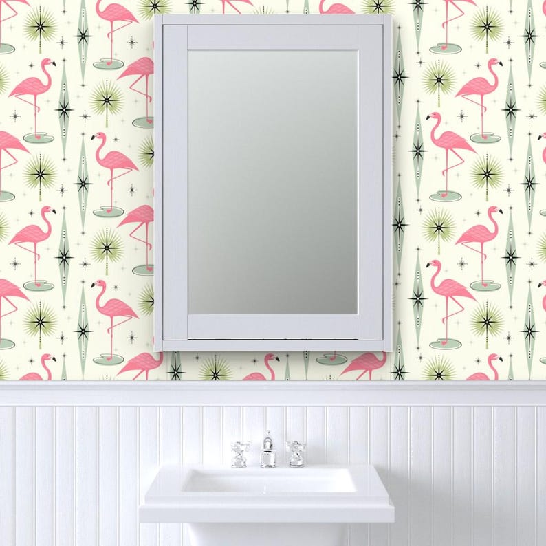 Pink Flamingos Wallpaper - Atomic Flamingo Von Studioxtine - Retro Individuell bedruckte, entfernbare selbstklebende Tapetenrolle von Spoonflower Bild 8