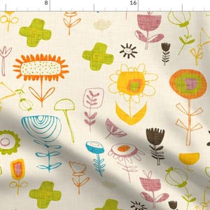 Retro Floral Fabric - Hand Wild Floral Rainbow By Bruxamagica - Wildflower Meadow Garden Beige Cotton Fabric By The Yard With Spoonflower