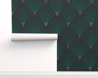 Removable Water-Activated Wallpaper Art Deco Flowers Beige Blue 1920s Glam Removable Water-Activated Wallpaper Art Deco Flowers Beige Blue 1920s Glam