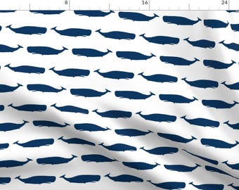 Whale Fabric - Navy Whales On White Fabric - Nautical Ocean, Baby, Nursery Design By Charlottewinter - Whale Fabric With Spoonflower