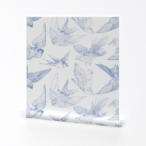Birds Removable Peel and Stick Wallpaper - Feathers Flying Blue And White Shabby Chic - Wall Art Wall Decor - Flight Blueberry by lilyoake