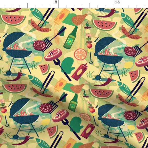 Summer Barbecue Fabric - Summer Bbq 50 By Chicca Besso - Vintage Barbecue Cookout Grill Food Meat Cotton Fabric By The Yard With Spoonflower