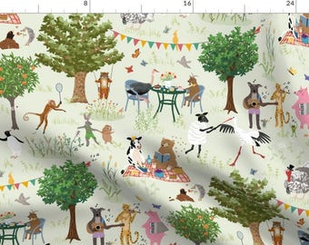 Whimsical Fabric - Animals' Garden Party by dasbrooklyn -  Animals Picnic Tea Party Garden Summer Kids Fabric by the Yard by Spoonflower