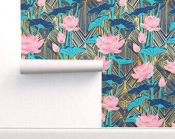 Removable Water-Activated Wallpaper Art Deco Flowers Beige Blue 1920s Glam Removable Water-Activated Wallpaper Art Deco Flowers Beige Blue 1920s Glam