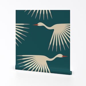 Art Deco Wallpaper - Art Deco Cranes By Katerhees - 1920s Teal White Custom Printed Removable Self Adhesive Wallpaper Roll by Spoonflower