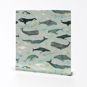 Katherine Quinn - Wale Tapete - Wale Flüstern Blau - Blau Entfernbare selbstklebende Tapetenrolle von Spoonflower