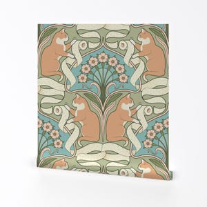 Whimsical Removable Peel and Stick Wallpaper - Art Nouveau Art Deco Cat Toilet Paper Cat - Wall Art Wall Decor - Tp Cat Green by mia_valdez