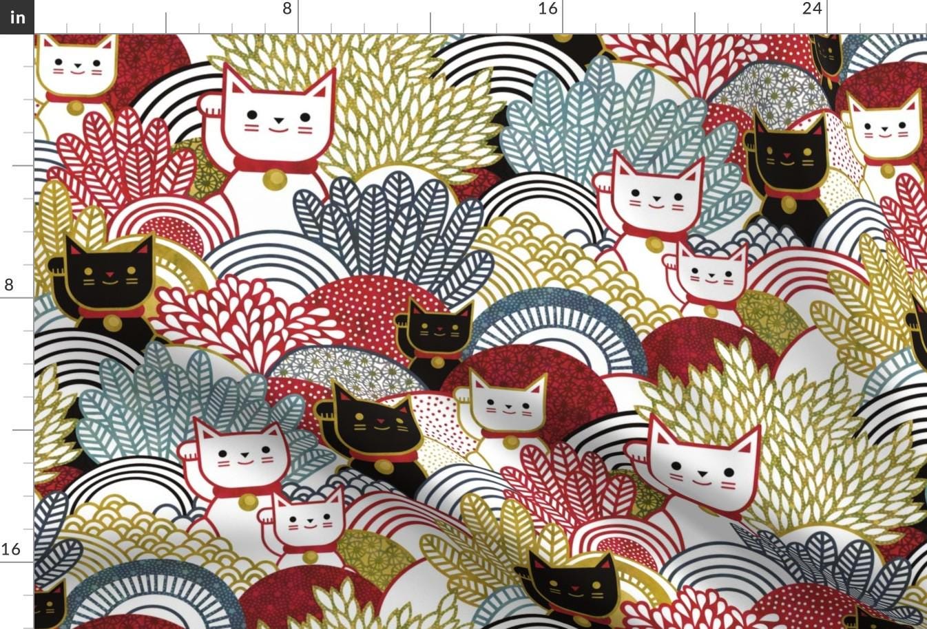 Cat Fabric - Japanese Lucky Cats Garden By Patricia Lima - Cute Kittens Abstract Asian Plants Cotton Fabric By The Yard With Spoonflower
