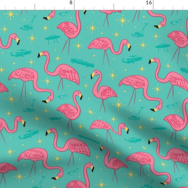 Retro Flamingo Fabric - Suburbia By Gray - Retro Summer Flamingo Beach Decor Cotton Fabric By The Yard With Spoonflower