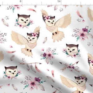 Owl Floral Fabric - Bohoo - Bohoo - Boho Owl And Floral - White By Ewa Brzozowska - Owl Print Cotton Fabric By The Yard With Spoonflower