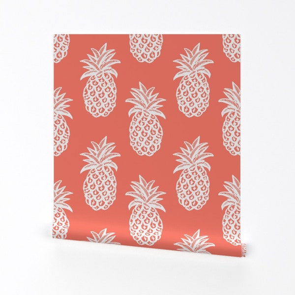 Pineapple Wallpaper - Tropical Pineapple By Magentarosedesigns - Coral Pink White Removable Self Adhesive Wallpaper Roll by Spoonflower