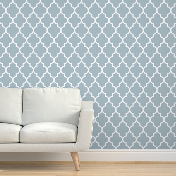 Removable Water-Activated Wallpaper Classic Decor Navy Quatrefoil Ogee White
