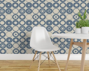 Mid Century Wallpaper - Blue Orbs By Chicca Besso - Navy Beige Circle Geometric Retro Removable Self Adhesive Wallpaper Roll by Spoonflower