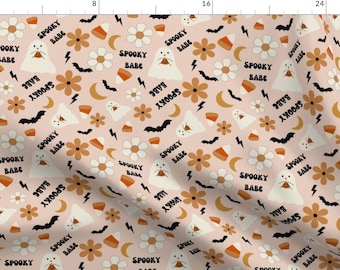Halloween Apparel Fabric - Spooky Babe by smilingsunstudio -  Ghosts Bats Cute Spooky Season Boho Daisy Moon Clothing Fabric by Spoonflower