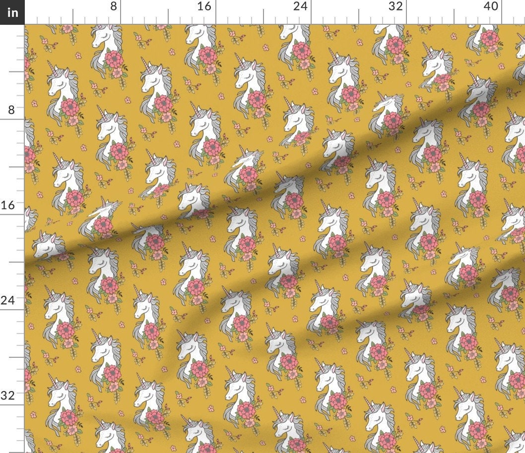 Unicorn Fabric Dreamy Unicorn Vintage Boho Flowers on Yellow Etsy