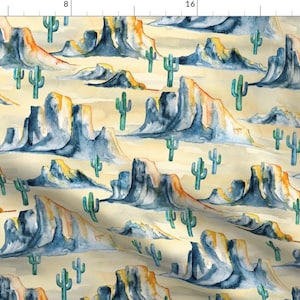 Cactus Fabric - Sunset Desert Mountains With Cacti In Watercolor - Large By Micklyn - Cactus Cotton Fabric By The Yard With Spoonflower