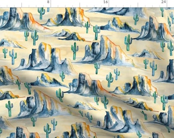 May include: A watercolor pattern featuring a repeating design of blue and orange mountains and green cacti on a light yellow background.