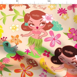Hula Girls Fabric - Hula Cuties Light Version - Large By Miss Fluff - Hula Girls Tropical Birds Cotton Fabric By The Yard With Spoonflower