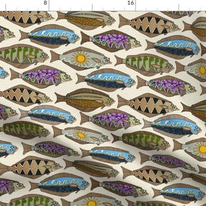 May include: A seamless pattern featuring a repeating design of brown and beige fish with various colorful details, including waves, suns, and flowers. The fish are arranged in rows and columns on a cream background.
