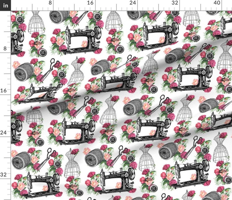 Vintage Sewing Machines Fabric vintage Sewing and Roses by Etsy