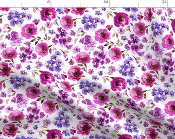 Purple and Pink Flowers Fabric - Modern Lavender + Magenta Florals By Hipkiddesigns - Watercolor Cotton Fabric By The Yard With Spoonflower
