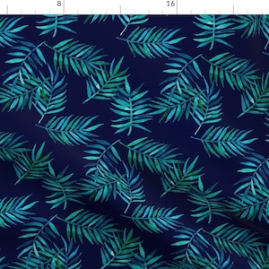 Palm Fabric - Paradise Palm Leaves Green, Blue, Teal On Navy By Micklyn - Tropical Watercolor Cotton Fabric By The Yard With SpoonflowerT