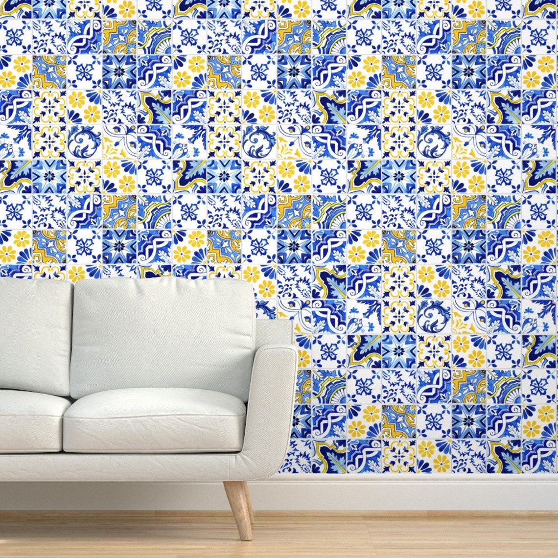 Talavera Wallpaper Detailed Azulejos By Ilonitta Blue | Etsy