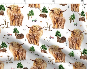 Highland Cow Fabric - Highland Cattle Farm By Karolina Papiez - Scottish Highland Cow Barn Farm Cotton Fabric By The Yard With Spoonflower