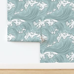 Ocean Waves Wallpaper - Japanese Waves By Sveta Aho - Pine Green Mint Blue Nautical Removable Self Adhesive Wallpaper Roll by Spoonflower image 4