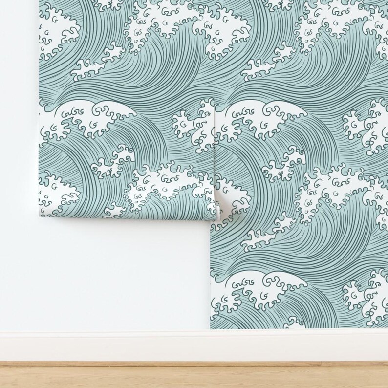 Ocean Waves Wallpaper - Japanese Waves By Sveta Aho - Pine Green Mint Blue Nautical Removable Self Adhesive Wallpaper Roll by Spoonflower image 4