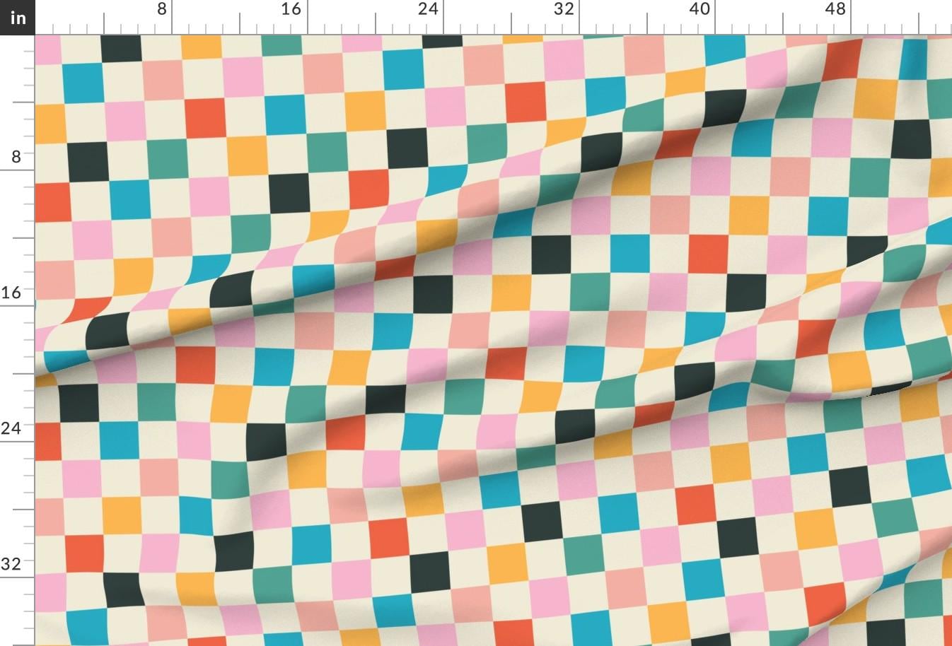 Retro Checkerboard Upholstery Fabric- Bright Mid-century Check by ...