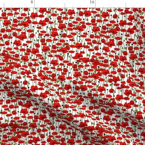 Poppies Fabric - Poppy Field By Coppercatkin - Green Red Black White Floral Flowers Romantic Cotton Fabric By The Yard With Spoonflower