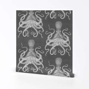 Octopus On Gray Wallpaper - Octopus Oasis Gray By Willowlanetextiles - Custom Printed Removable Self Adhesive Wallpaper Roll by Spoonflower