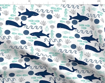 Whales Fabric - Nautical Ocean Animals Shark Whale Fabric By Charlottewinter - Nautical Animals Cotton Fabric By The Yard With Spoonflower