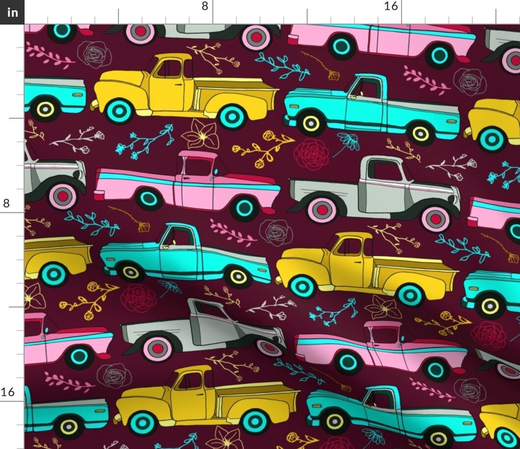 Truck Fabric Floral Vintage Trucks Big By Tigatiga Retro Etsy
