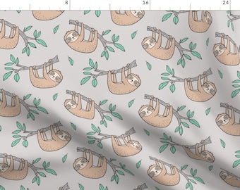 Sloth Fabric - Sloths On Tree Branch With Leaves On Light Grey By Caja Design - Sloth Nursery Cotton Fabric By The Yard With Spoonflower