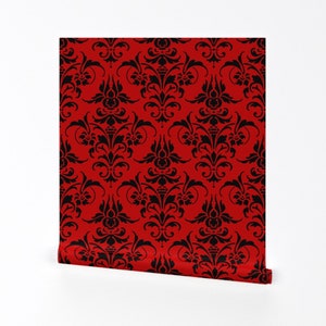 Damask Wallpaper - Black + Richelieu Red By Peacoquettedesigns - Damask Custom Printed Removable Self Adhesive Wallpaper Roll by Spoonflower