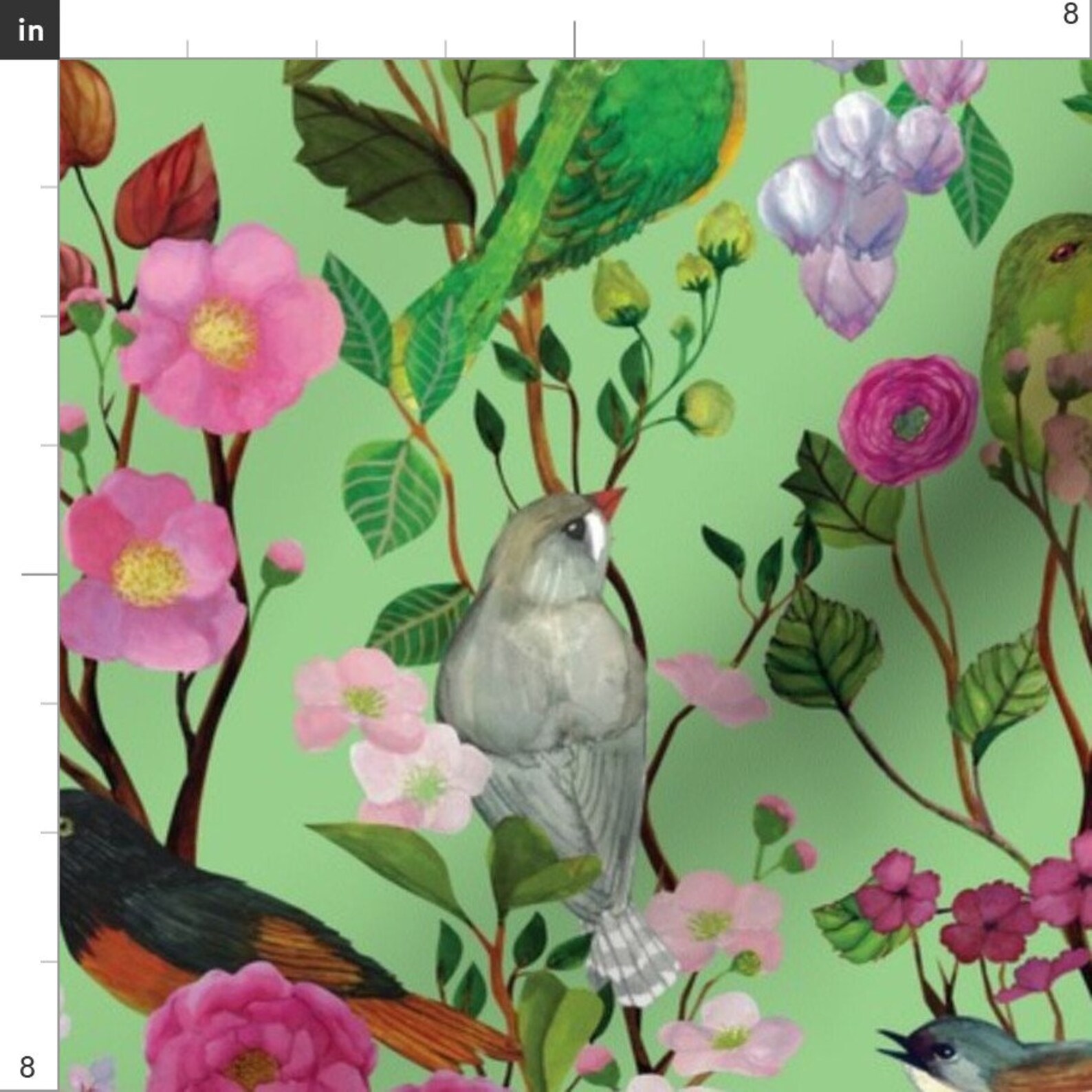 Floral Spring Green Birds Fabric Birds And Blooms Etsy